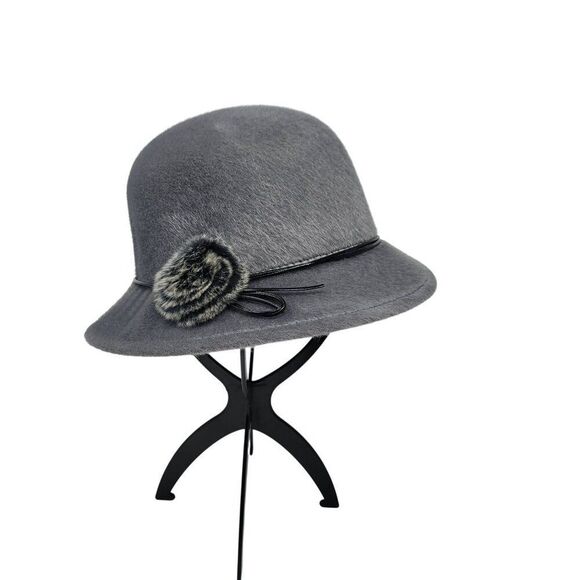 Retro Roaring 20s Gray Bowler Hat Faux Fur Black Bow Accent 57 CM Womens Flapper - Picture 1 of 9